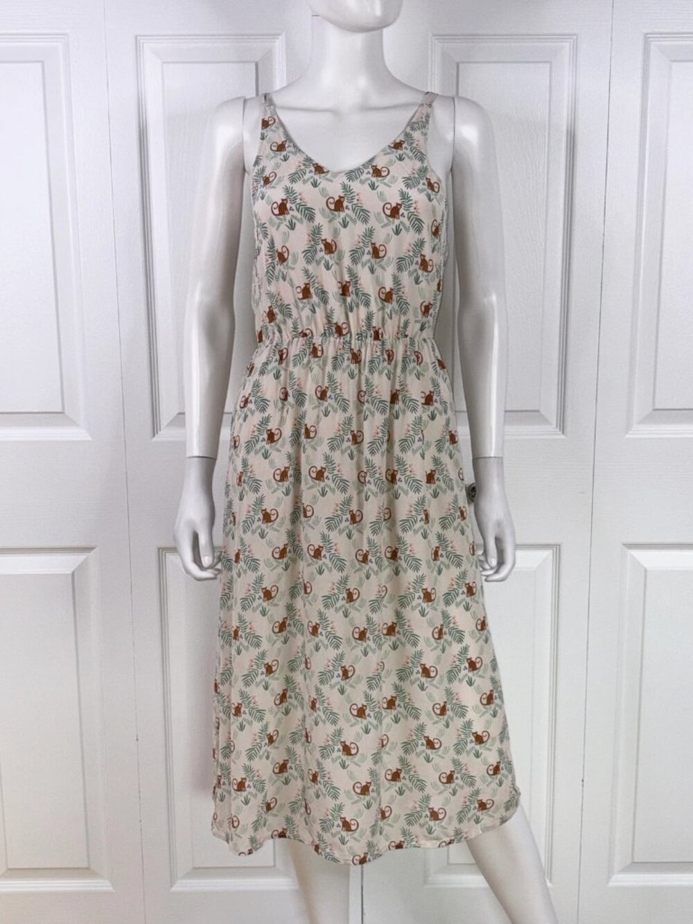 DES PETITS HAUTS women's silk summer dress spaghetti straps and monkey print XS